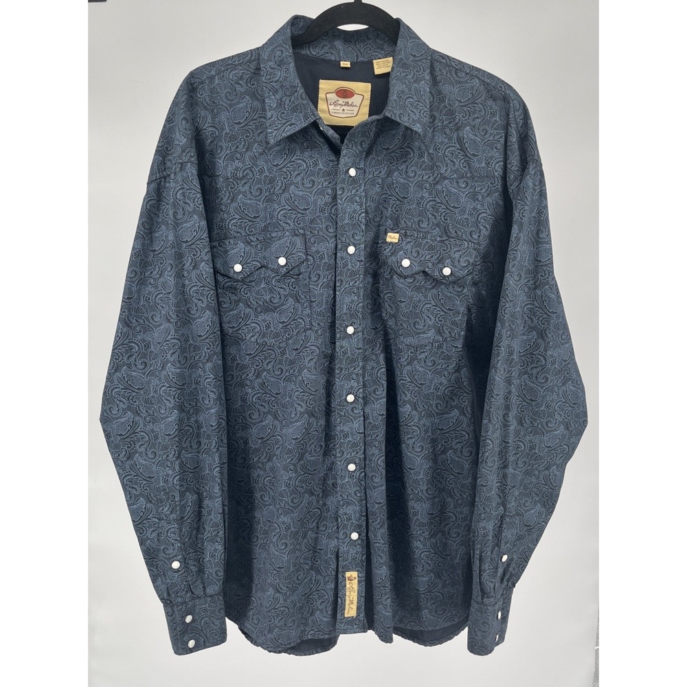Larry Mahan Cowboy Western Shirt Mens 2XL Midnight Blue Paisley Print Pearl Snap